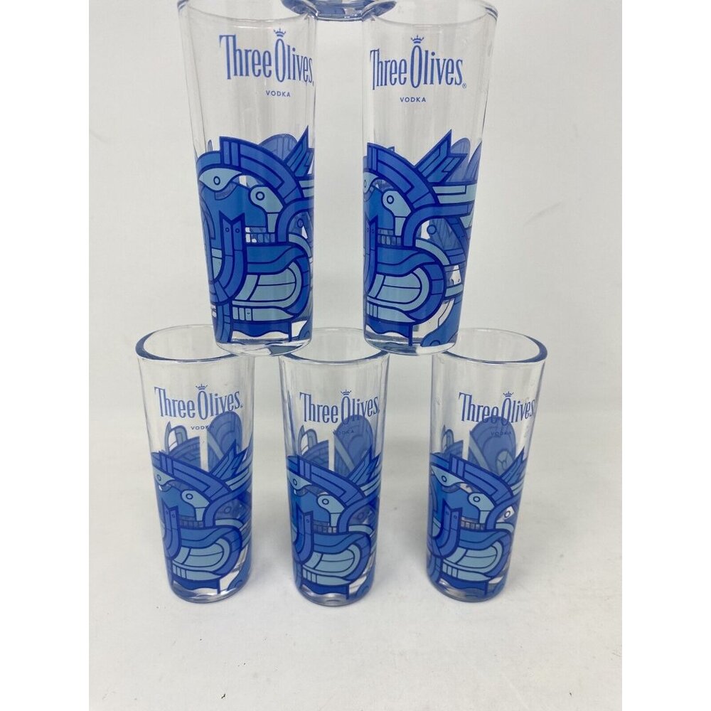 Set of 6 Three Olives Vodka Shooter Shot Glasses Blue Geometric MCM Style